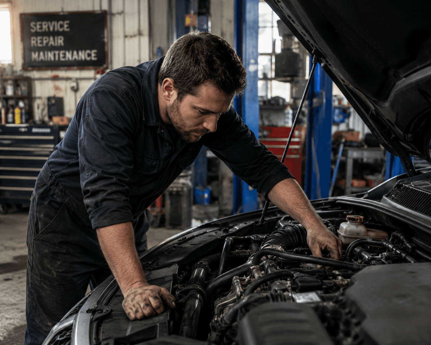 Mechanic servicing a vehicle in the workshop